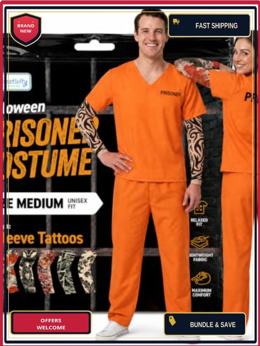 Adult Prisoner Halloween Costume Shirt Pants 6 Tattoo Sleeves Cosplay